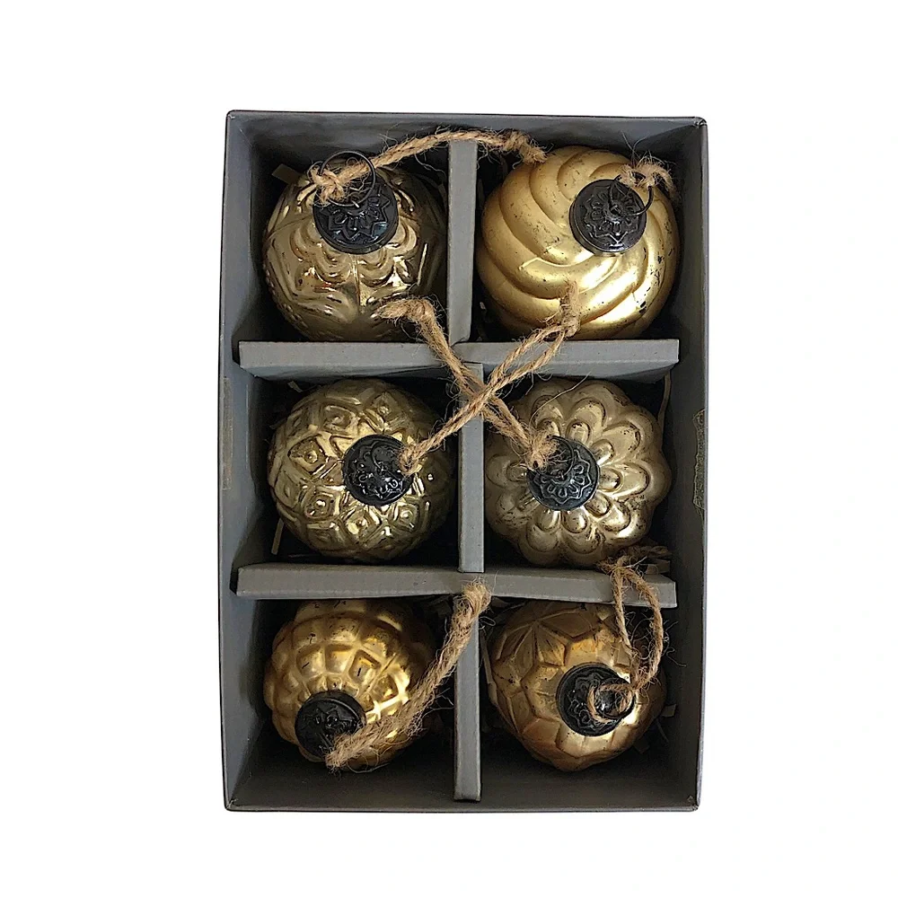 Pottery Barn MERCURY GLASS Embossed Gold Antique Finish‎ Christmas Ornaments 6